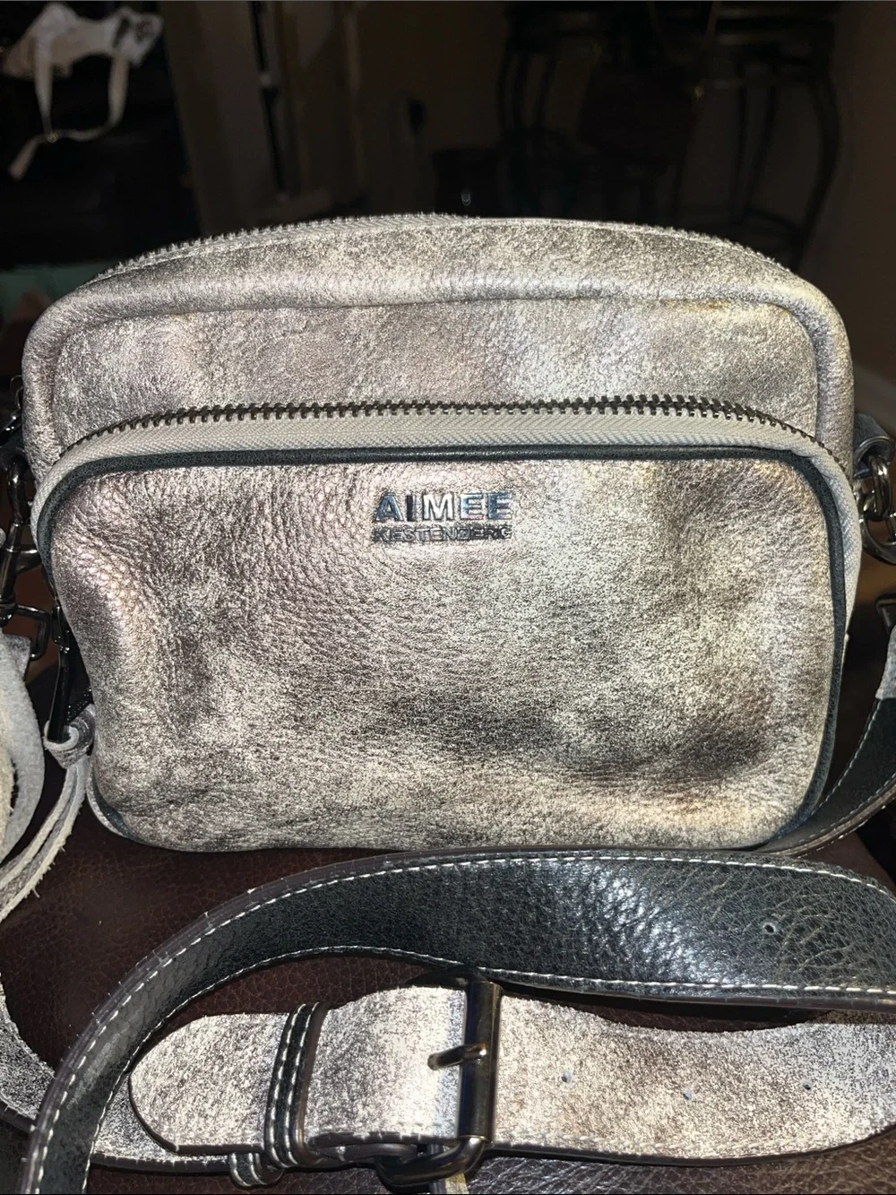 EUC Aimee Kestenberg Distressed Metallic leather Crossbody